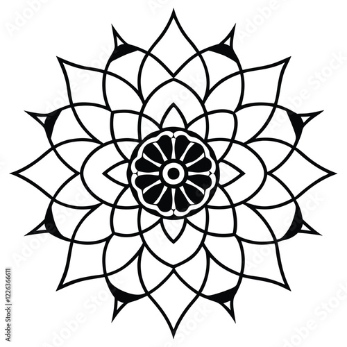 Black Silhouette Mandala Design with Intricate Patterns on White Background