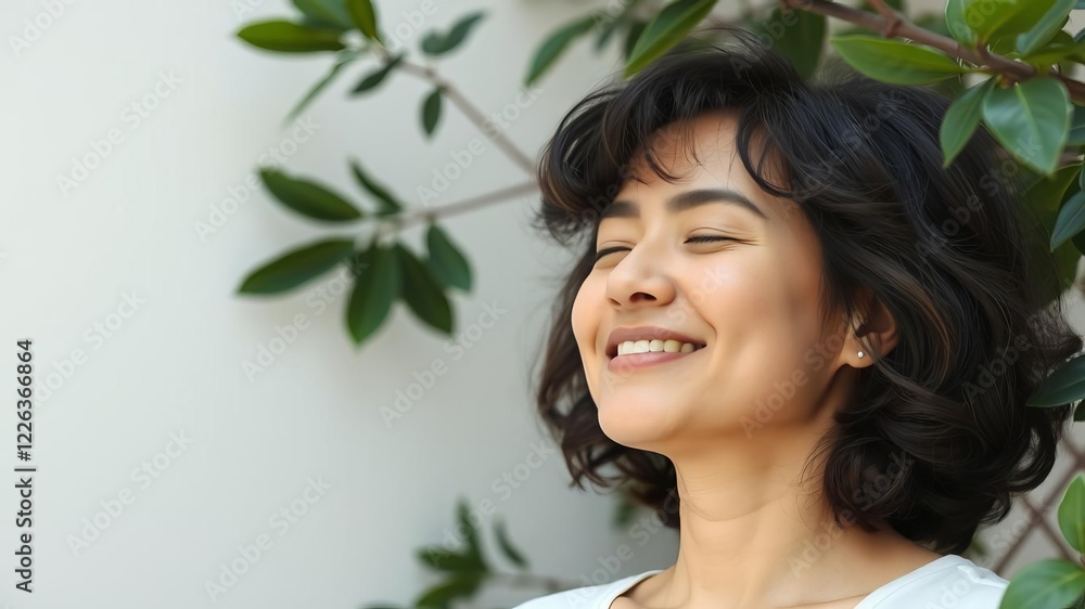 Relaxed and confident woman with eyes closed in front of green leaves wall, exuding joy, zen, and balance, zen, stability, confident Relaxed and confident woman with eyes closed in front of green leaves wall, exuding joy, zen, and balance, zen, stability, confident