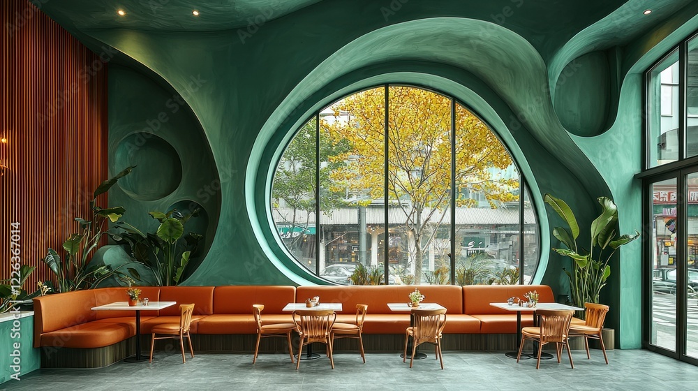 Fototapeta premium Modern Restaurant Interior Design with Curved Walls and Large Window
