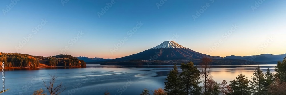 Scenic view of Lake Toya surrounded by autumn trees with a volcanic island in the middle at evening, Abuta, Hokkaido, Japan, evening, serene, japan