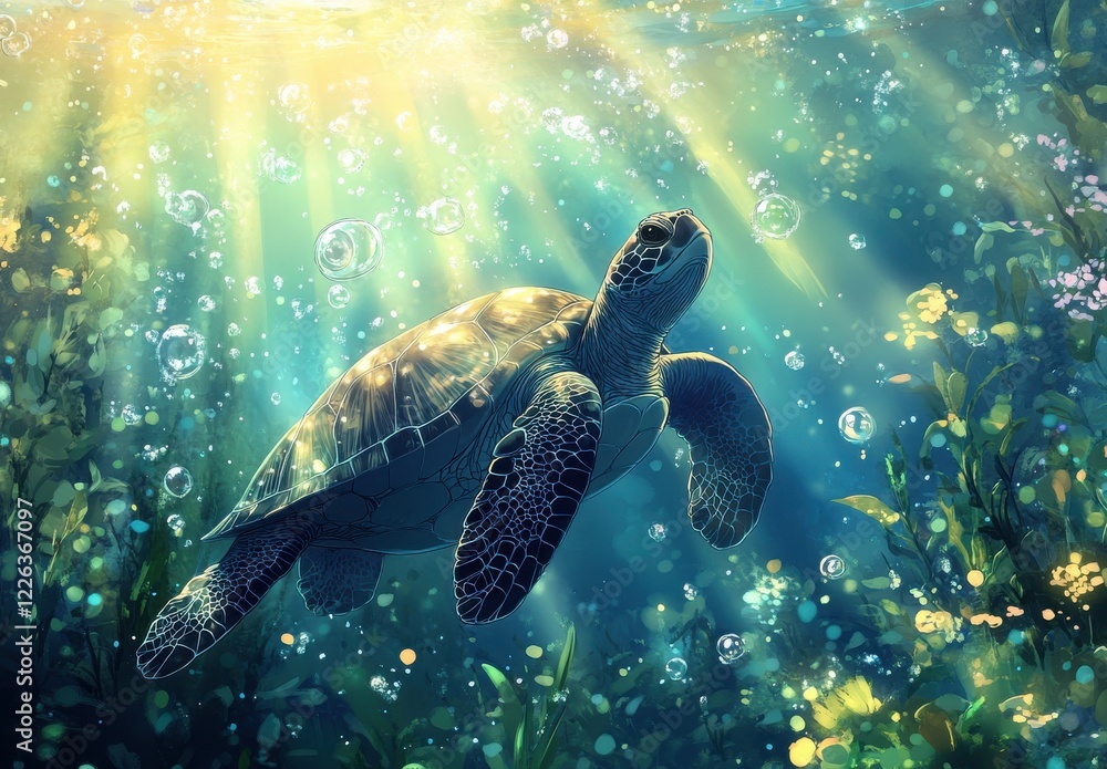 Obraz premium Majestic Sea Turtle Swimming in Crystal Clear Waters Surrounded by Sunlight and Bubbles in an Underwater Wonderland of Colorful Flora and Fauna