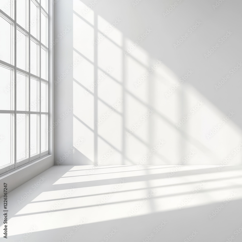 Sunlight streams through a large window into a minimalist white room, casting dramatic shadows on the wall and floor. Sunlight streams through a large window into a minimalist white room, casting dramatic shadows on the wall and floor.