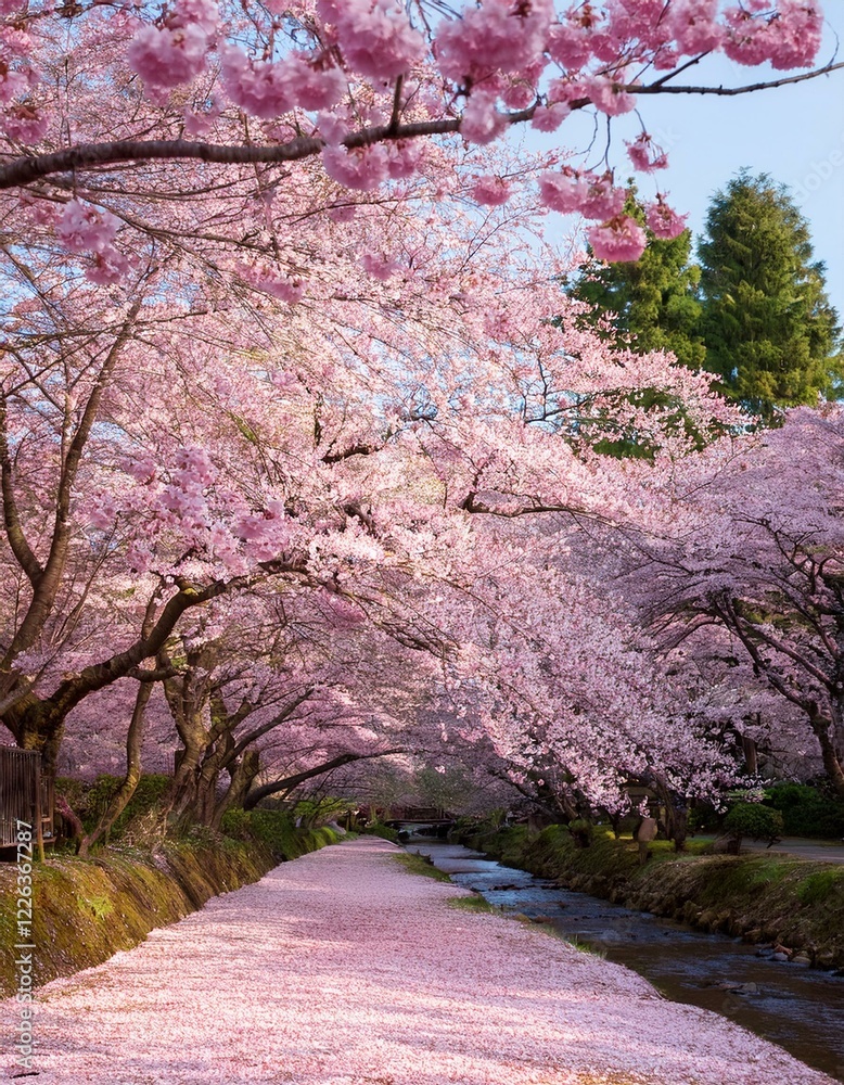 Pink cherry blossoms arch over a tranquil stream, creating a breathtaking springtime scene. Pink cherry blossoms arch over a tranquil stream, creating a breathtaking springtime scene.