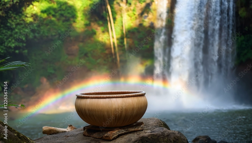 Wooden bowl sits before a waterfall and rainbow.