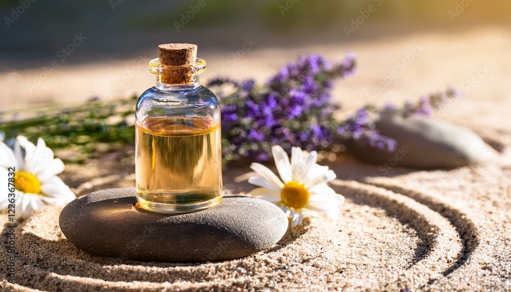 Essential oil bottle on stones with lavender and chamomile. Essential oil bottle on stones with lavender and chamomile.