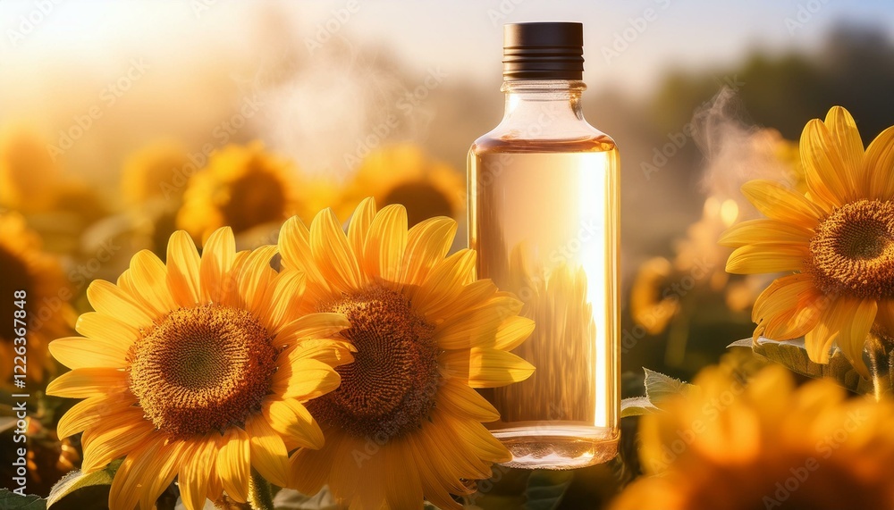 Golden hour in a sunflower field. A bottle of sunflower oil sits amongst the bright yellow blooms. Golden hour in a sunflower field. A bottle of sunflower oil sits amongst the bright yellow blooms.