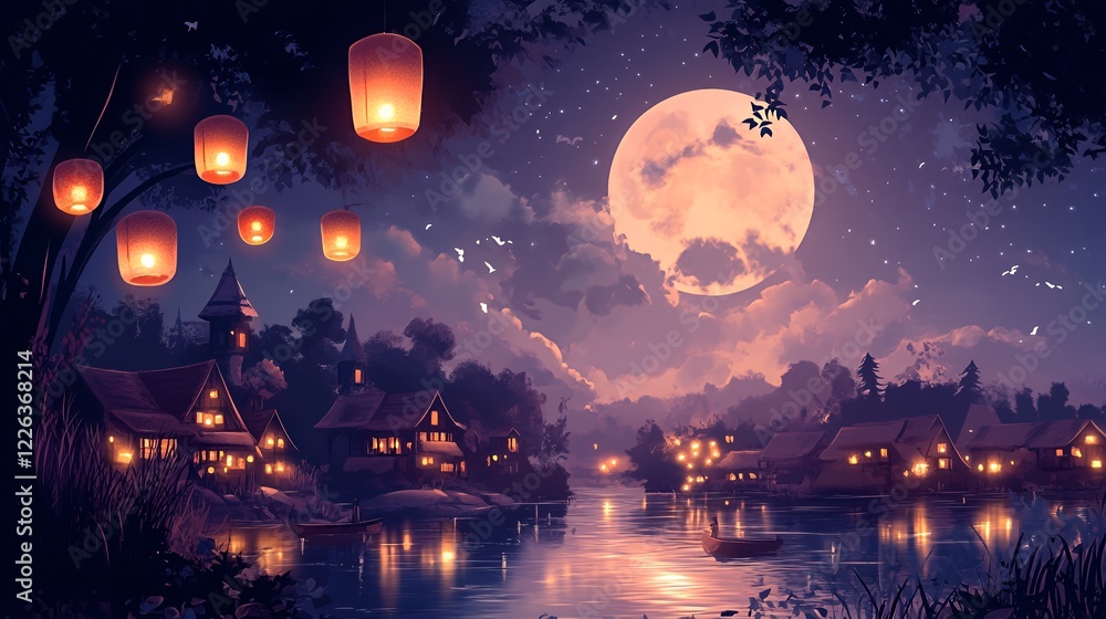 Serene Night Village Scene Illuminated By Lanterns And Moon Serene Night Village Scene Illuminated By Lanterns And Moon