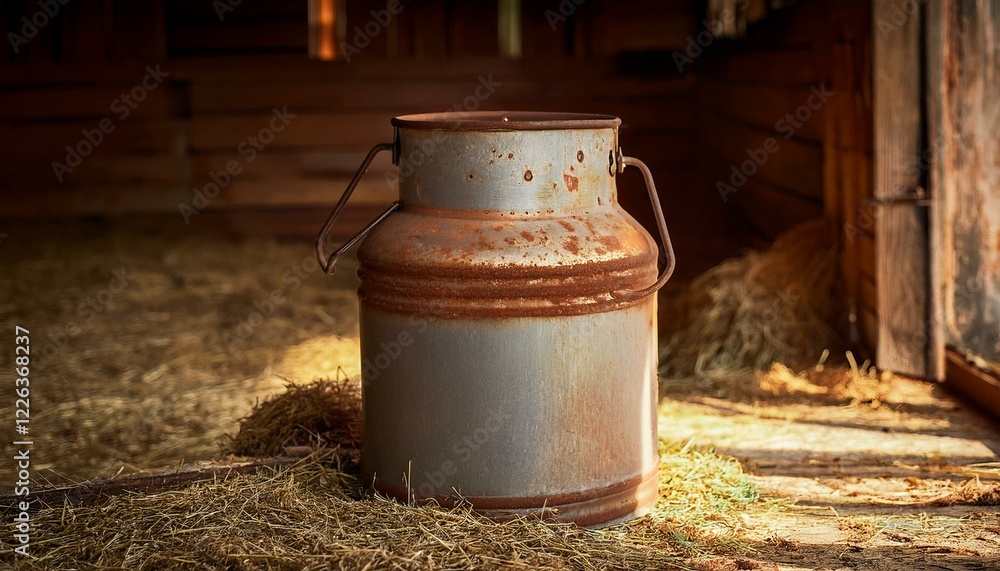 Rustic, rusty milk can in a barn. A nostalgic image of rural life. Rustic, rusty milk can in a barn. A nostalgic image of rural life.