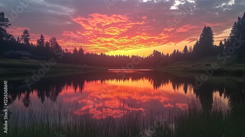 Fiery sunset over a lake, sky painted with orange and pink flames, serene reflection photo