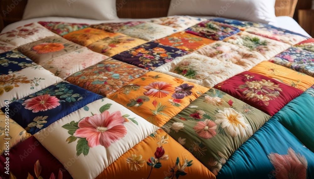Close-up of a vibrant patchwork quilt, showcasing a variety of floral patterns and rich colors. Close-up of a vibrant patchwork quilt, showcasing a variety of floral patterns and rich colors.
