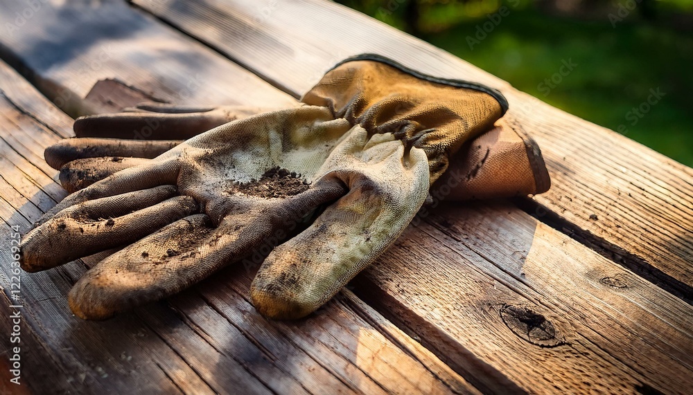 A pair of well-worn work gloves rest on a rustic wooden surface, telling a tale of hard work and dedication. A pair of well-worn work gloves rest on a rustic wooden surface, telling a tale of hard work and dedication.