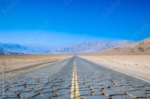 Desolate Highway Through Cracked Desert Landscape Towards Mountains photo