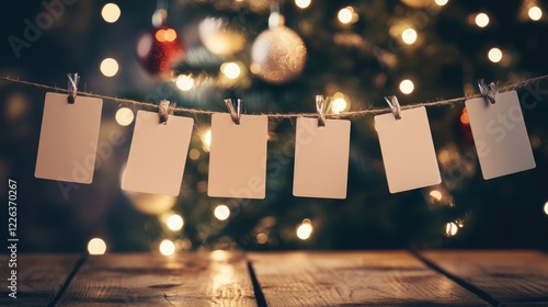 Blank Photo Cards Hanging on a String with a Bright Christmas Tree Backdrop