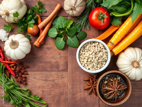 Various fresh ingredients commonly used in Vietnamese or Thai cuisine arranged beautifully on a rustic wooden background from a top view angle, ingredients, rustic, vegetables photo