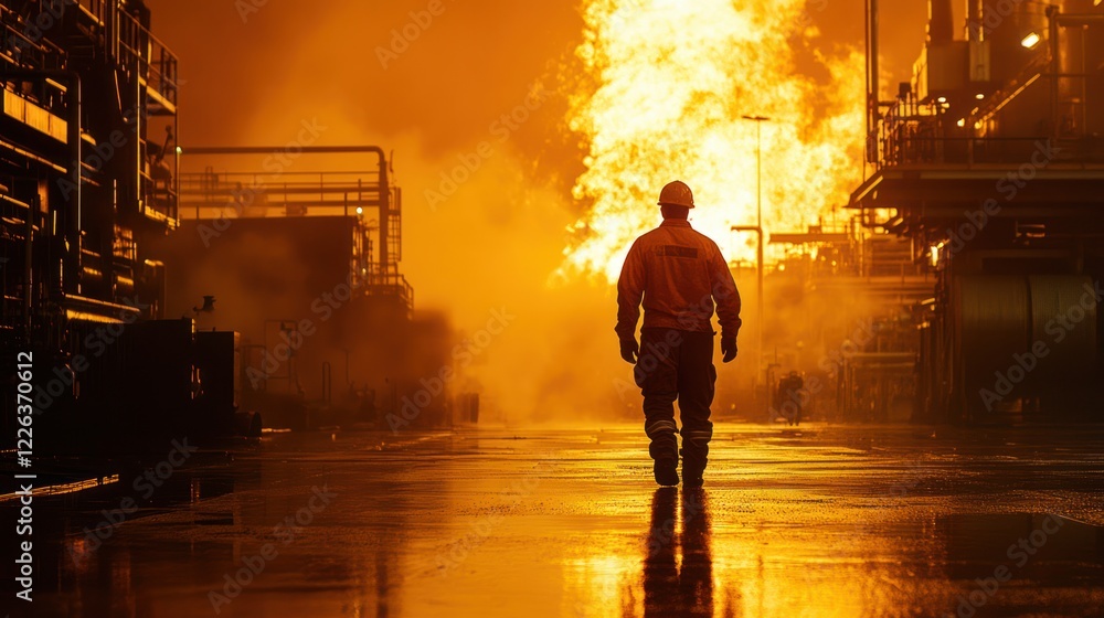 Fototapeta premium Lone worker walks away from massive industrial fire.