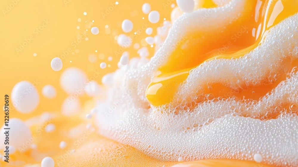 Obraz premium Orange liquid splash with foam, background blur, beverage advertisement
