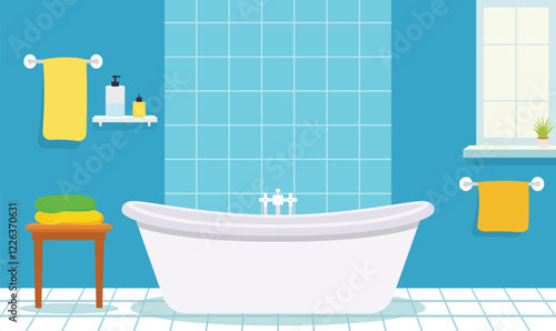 Flat Design Illustration of Bathtub in Cozy Clean Bathroom at Home with Ceramic Wall Background