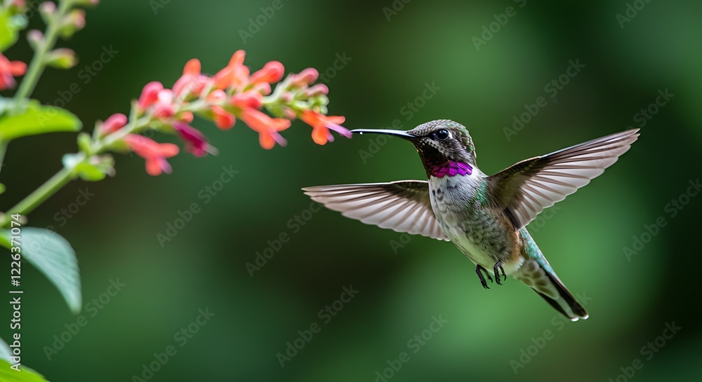 Naklejka premium Hummingbird Feeding on Flowers Vibrant Nature Photography