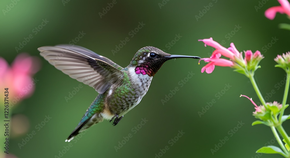 Fototapeta premium Hummingbird Feeding on Pink Flowers Nature Photography