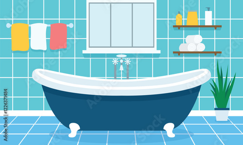 Flat Design Illustration of Bathtub in Cozy Clean Bathroom at Home with Ceramic Wall Background