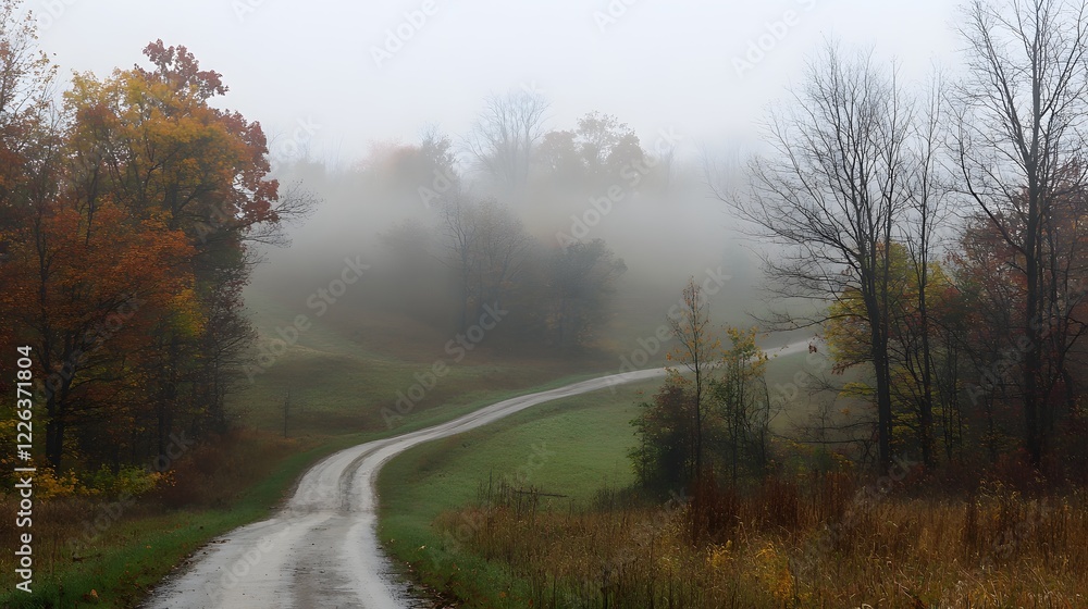 Obraz premium A lonely road cutting through a foggy, forested landscape