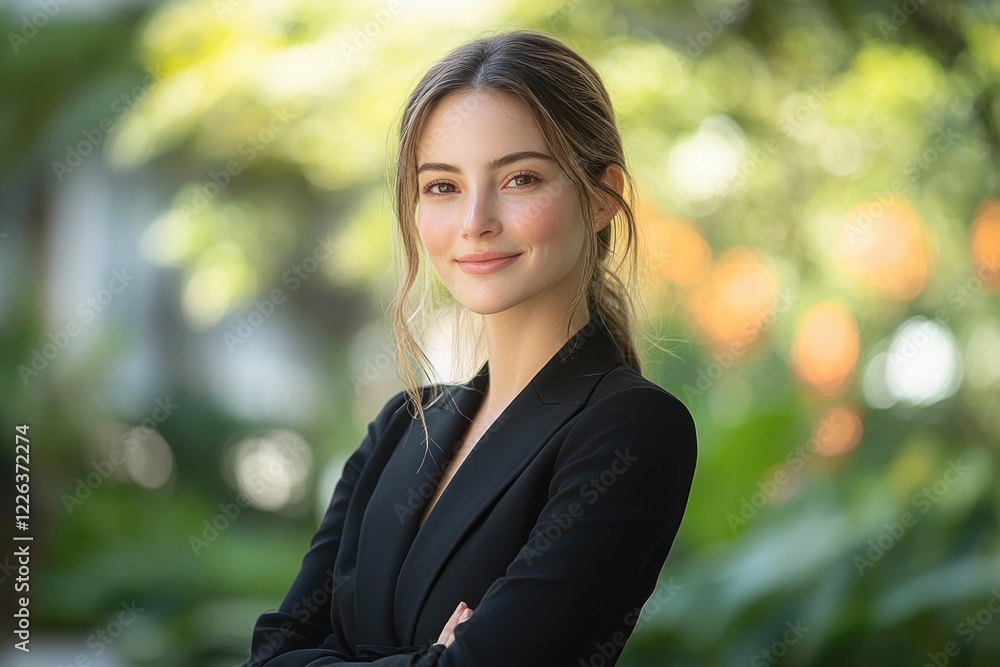 Young Professional Woman in Black Suit Outdoors Business Look Garden Confidence Young Professional Woman in Black Suit Outdoors Business Look Garden Confidence