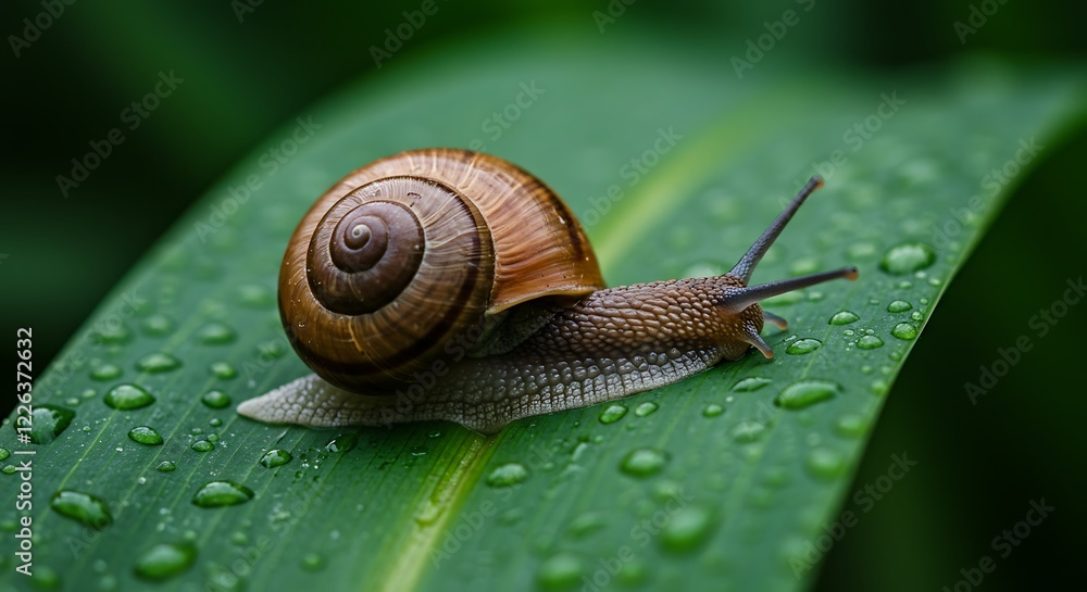 Snail Crawling on Dewy Green Leaf Macro Photography Snail Crawling on Dewy Green Leaf Macro Photography