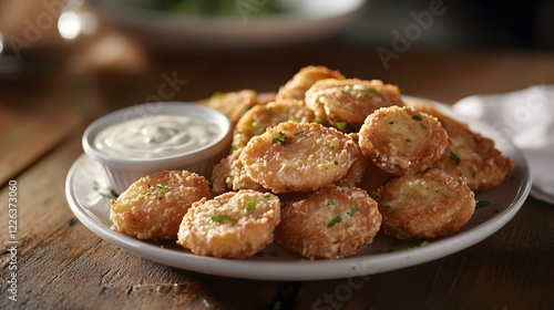 Crispy Southern Fried Green Tomatoes Served with Dipping Sauce on Rustic Wooden Table photo