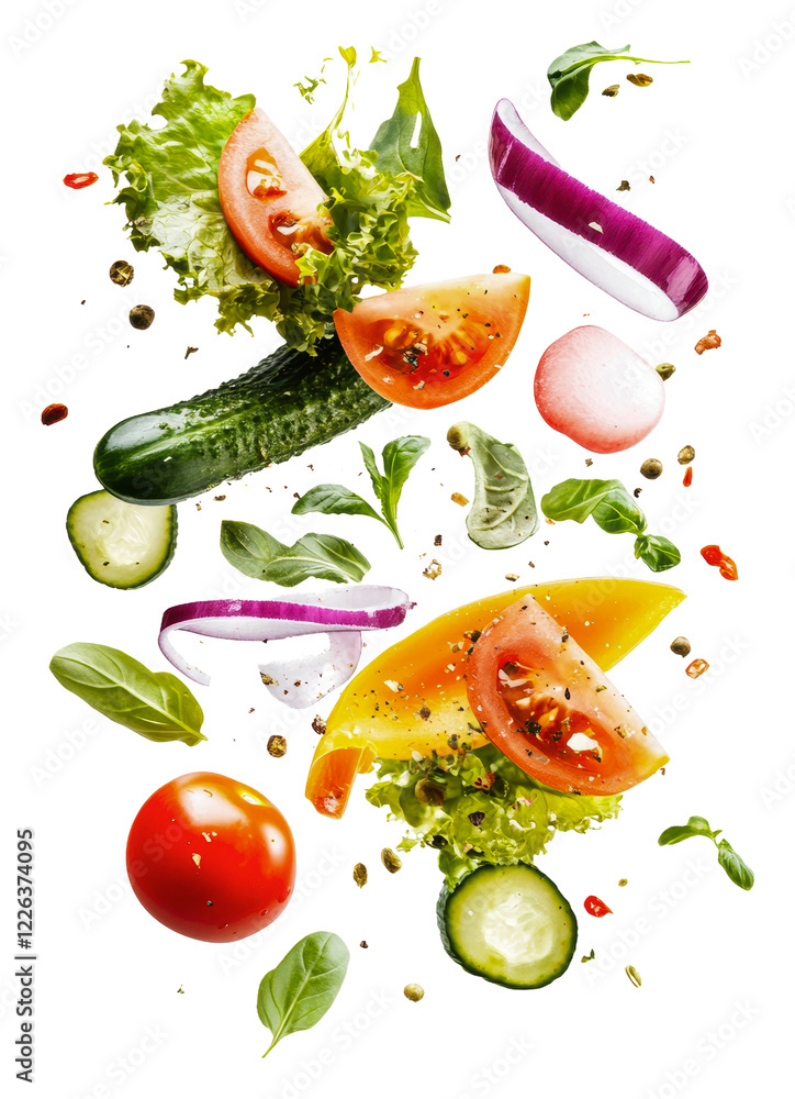 Fresh vegetables and herbs in colorful arrangement isolated on transparent background Fresh vegetables and herbs in colorful arrangement isolated on transparent background