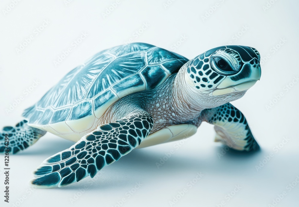 Obraz premium Realistic depiction of a sea turtle gracefully swimming against a light background, showcasing intricate shell patterns and vibrant aquatic colors