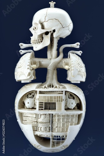 A detailed sculpture of a skull, lungs, and a heart. AI.