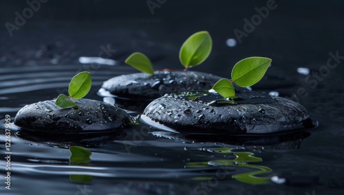 Smooth stones and green leaves floating on water. AI.