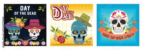 Dead day party, sugar skull for halloween holiday. Flowers and sombrero on light background. Floral Decorations.