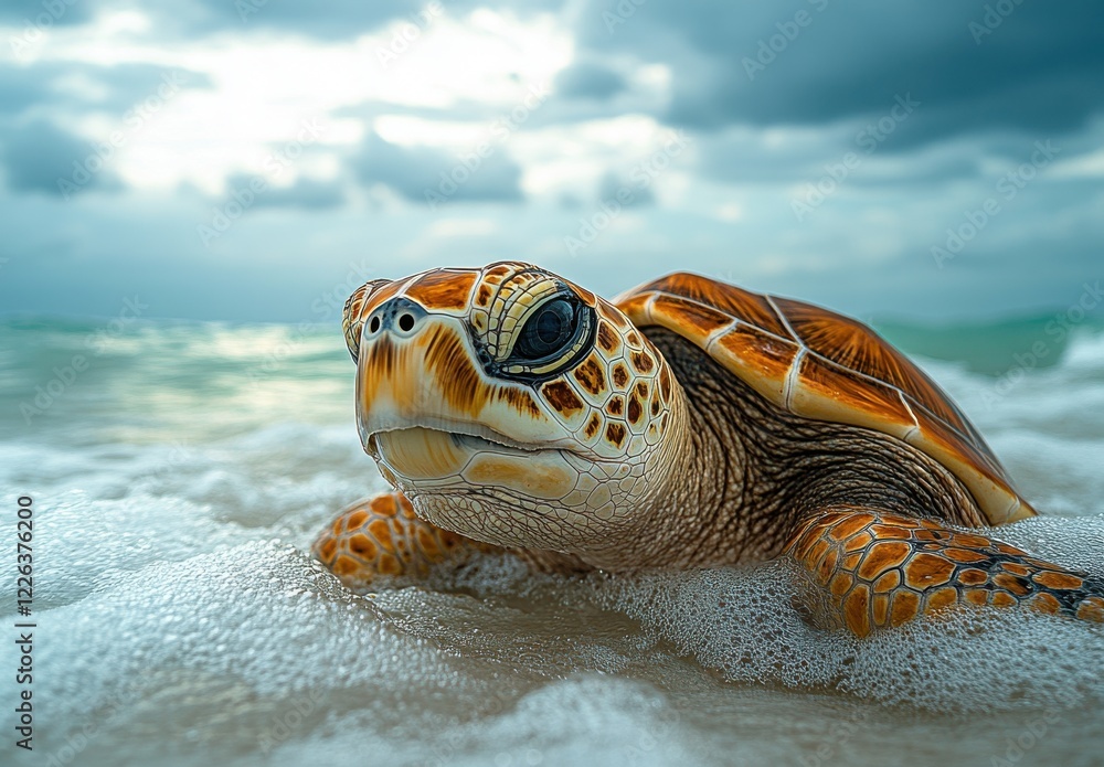 Fototapeta premium Realistic Sea Turtle Emerging from Gentle Waves on Sandy Shore Under Dramatic Cloudy Sky