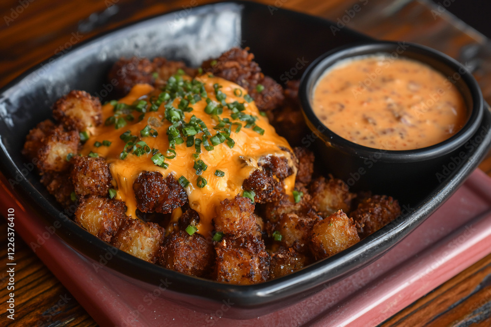 Deliciously plated crispy tater tots topped with melted cheese and chives, served with a spicy dip Deliciously plated crispy tater tots topped with melted cheese and chives, served with a spicy dip