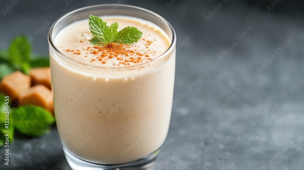 Refreshing Pakistani Lassi Drink in a Glass with Mint Garnish Refreshing Pakistani Lassi Drink in a Glass with Mint Garnish