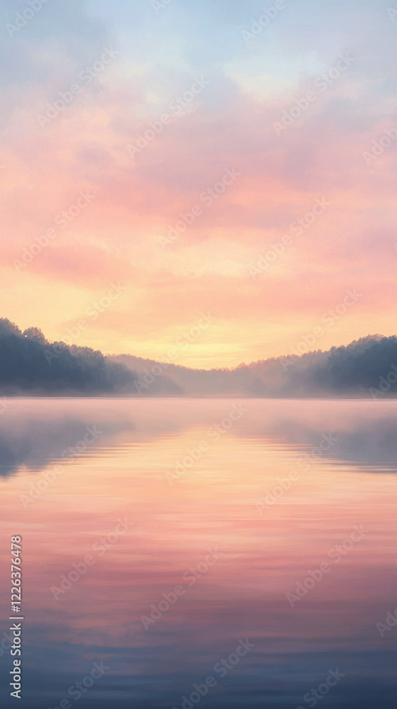 Fototapeta premium Serene Sunrise Over Misty Lake - Phone Wallpaper