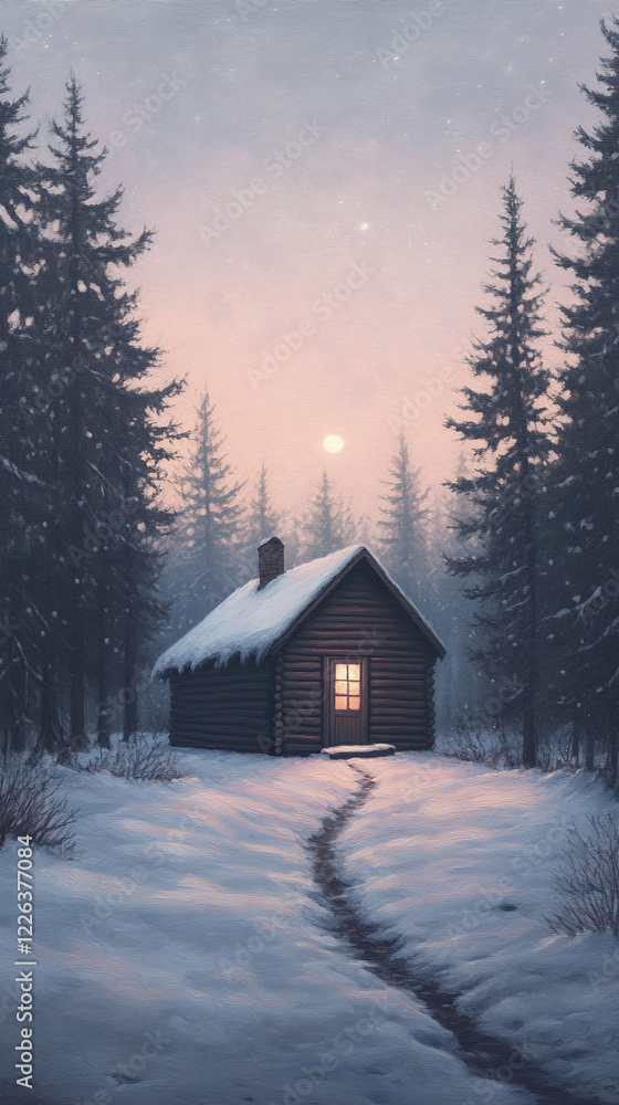 Naklejka premium Winter Cabin in the Woods at Dusk - Phone Wallpaper