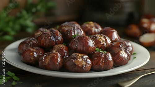 Plate of Roasted Chestnuts with Crispy Skin Garnished with Fresh Herbs on Wooden Table photo