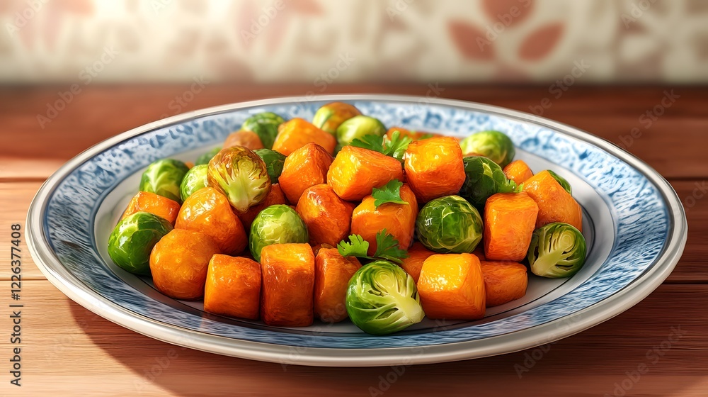 Roasted Sweet Potatoes and Brussels Sprouts Arrangement on Decorative Plate with Natural Lighting Roasted Sweet Potatoes and Brussels Sprouts Arrangement on Decorative Plate with Natural Lighting