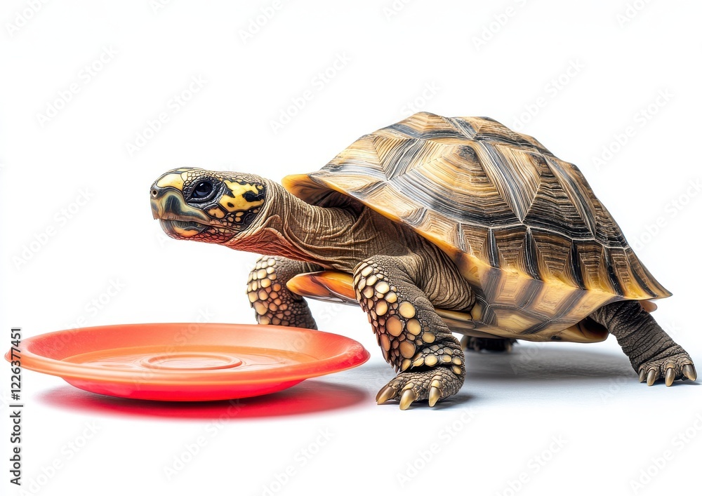 Obraz premium Realistic turtle with vibrant shell color near a red disc on a white background for fun and playful nature-themed projects or educational materials