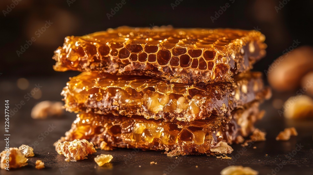 Fresh honeycomb dripping with golden honey, showcasing natural sweetness and the intricate design of hexagonal cells, perfect for culinary delights. Fresh honeycomb dripping with golden honey, showcasing natural sweetness and the intricate design of hexagonal cells, perfect for culinary delights.