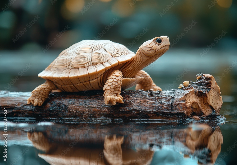 Fototapeta premium Realistic Wooden Turtle Figurine on Log by Calm Water with Soft Reflections and Lush Natural Background, Evoking Tranquility and Nature's Beauty