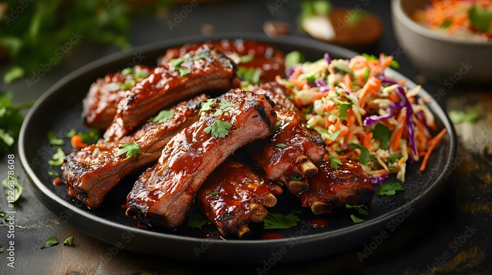 Tender BBQ Ribs Plated with Fresh Coleslaw on Rustic Wooden Table with Green Garnish Tender BBQ Ribs Plated with Fresh Coleslaw on Rustic Wooden Table with Green Garnish