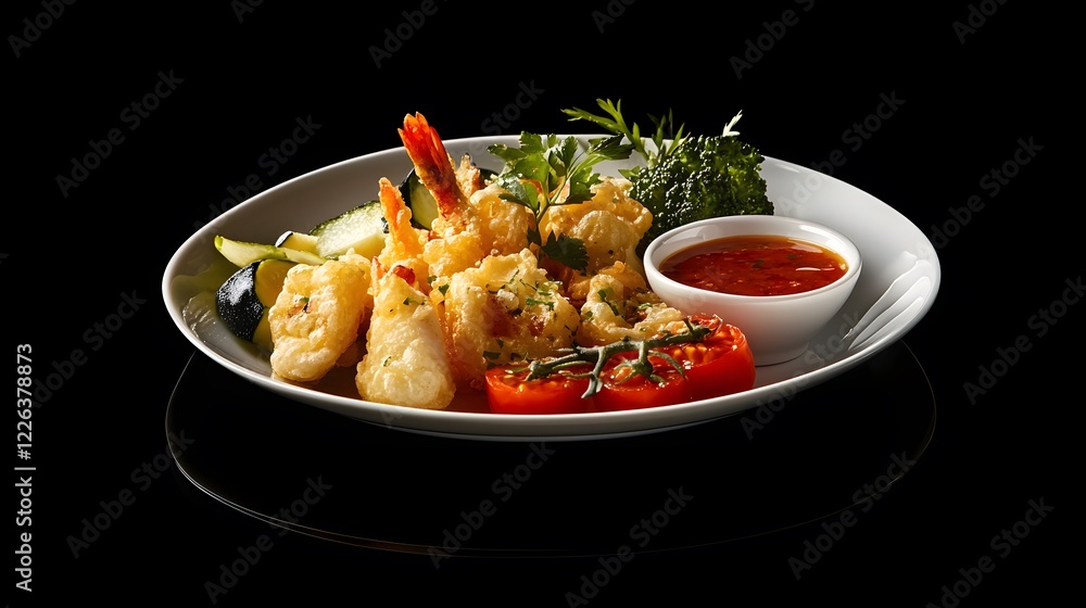 Crispy Tempura Vegetables and Shrimp Plated with Fresh Herbs and Sauces on a Black Background Crispy Tempura Vegetables and Shrimp Plated with Fresh Herbs and Sauces on a Black Background