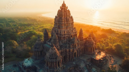 Wallpaper Mural Ancient Somnath Jyotirlinga temple's intricately carved tower and pillars gleam in golden light at dawn, surrounded by lush greenery and serene Arabian Sea coastline in Gujarat Torontodigital.ca