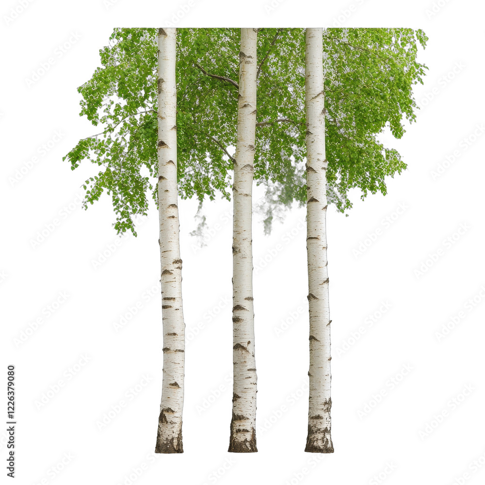 Fototapeta premium Three birch trees with fresh green leaves. transparent background