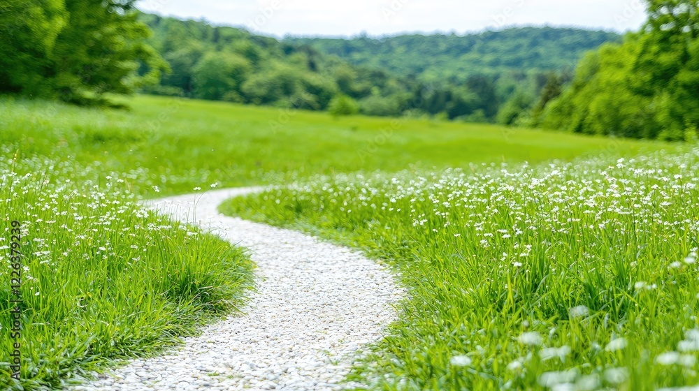 Winding path through grassy field, green hills in background, nature scene, idyllic landscape for travel brochures Winding path through grassy field, green hills in background, nature scene, idyllic landscape for travel brochures