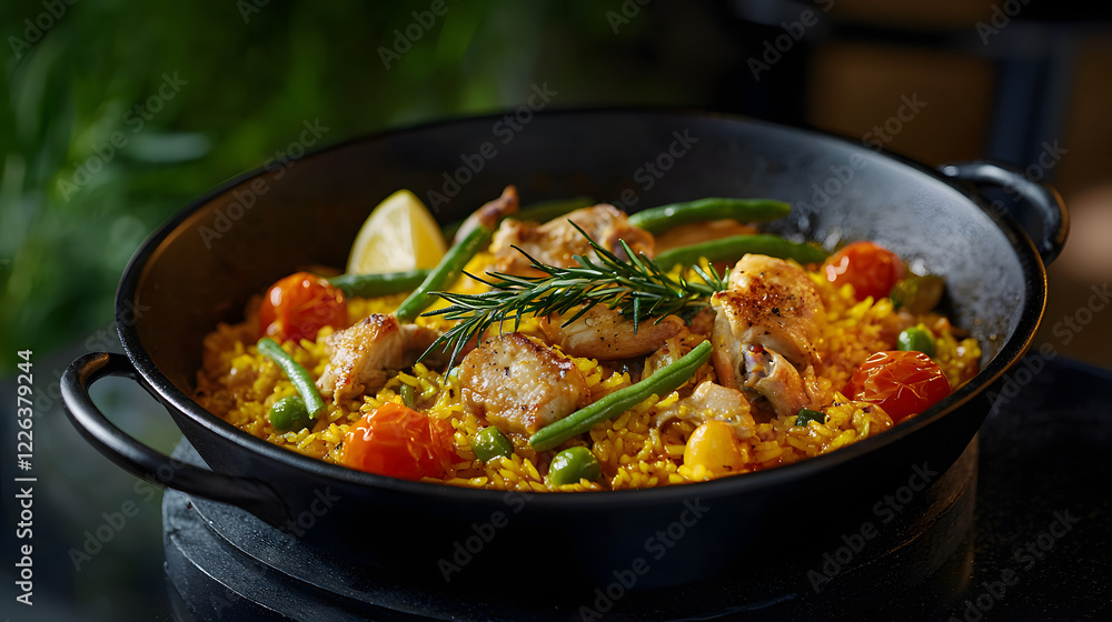 Traditional Spanish Paella with Chicken and Fresh Vegetables Traditional Spanish Paella with Chicken and Fresh Vegetables