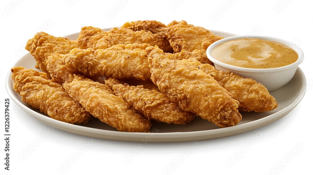 Crispy Chicken Tenders Platter with Side of Honey Mustard for Dipping Sauce on a White Plate Crispy Chicken Tenders Platter with Side of Honey Mustard for Dipping Sauce on a White Plate